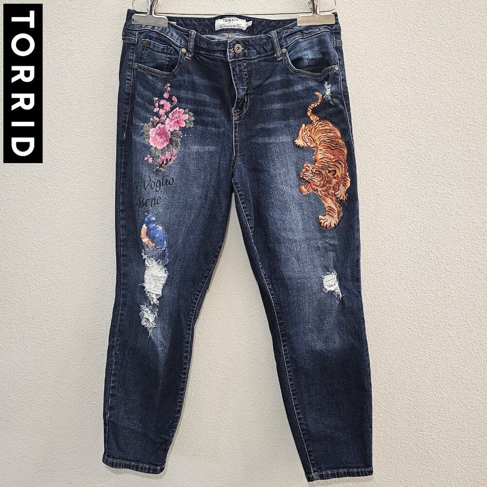 TORRID 16 Vintage Distressed Dark Wash Tiger Cropped Skinny Blue Jeans Plus Size